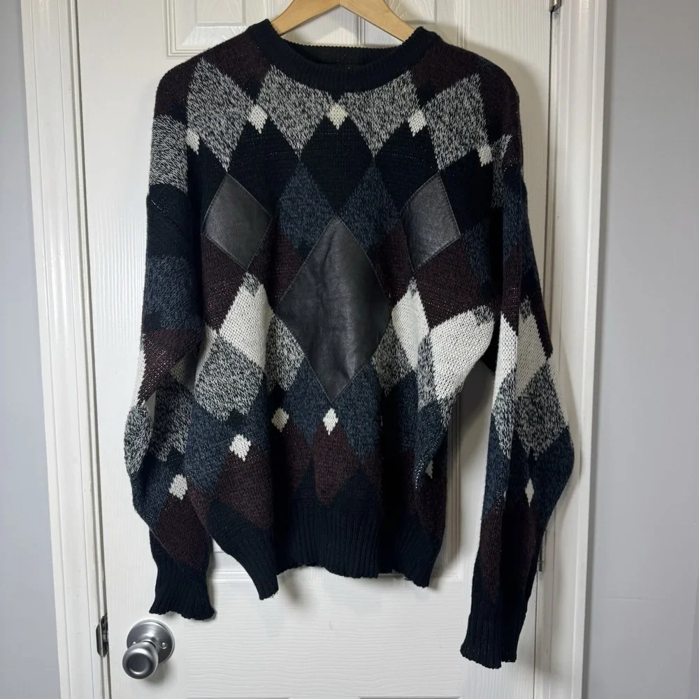 Vtg Impact Mens Sweater‎ Sz L Knit Argyle Leather Patches Trim Navy Maroon Gray